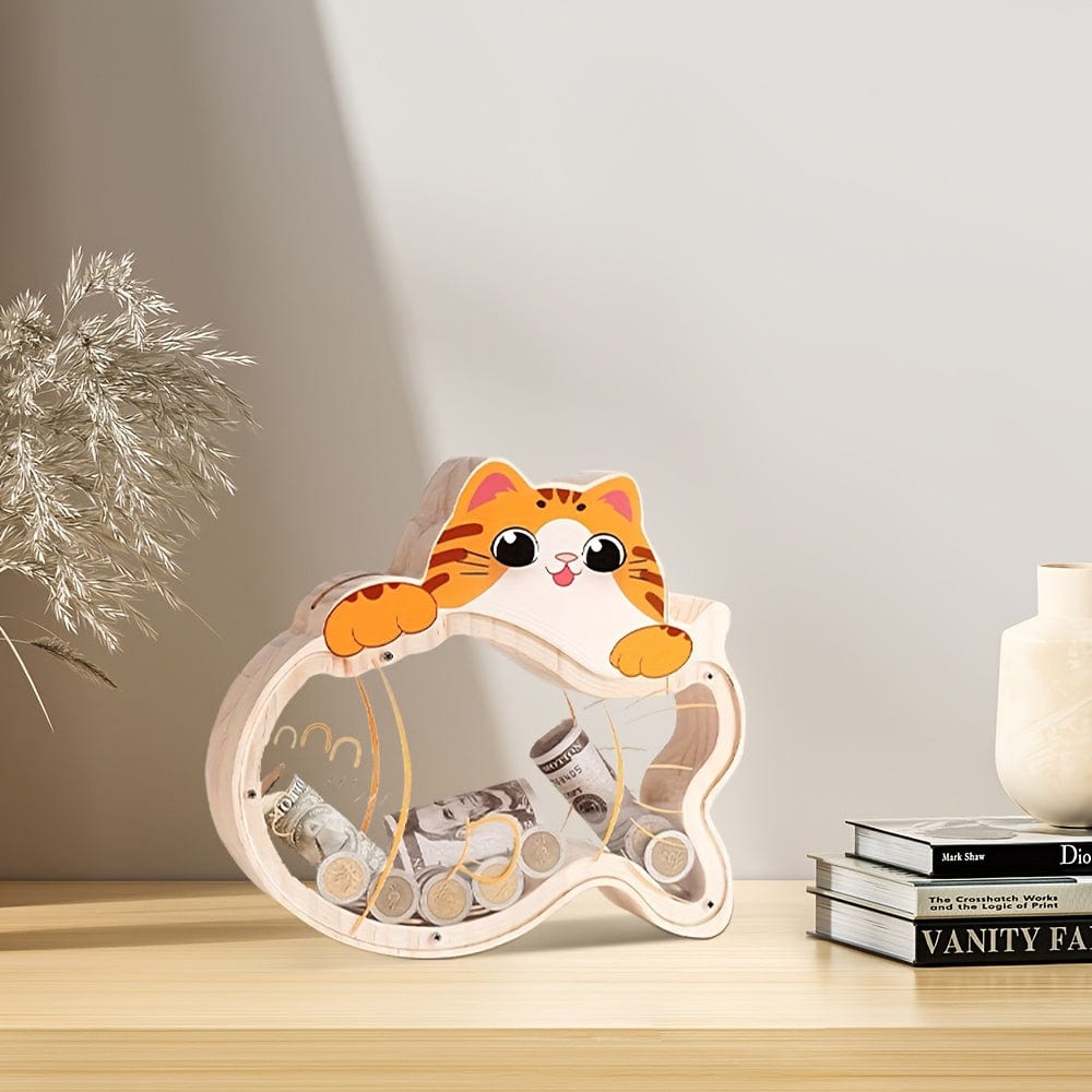 Tirelire Chat en Bois Transparente | ChatÉpargne™ One Kitten Penny Bank + 1 Letter Decal