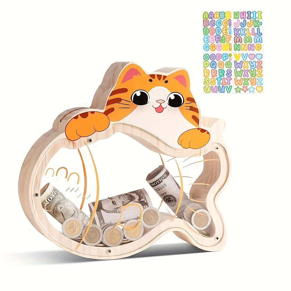 Tirelire Chat en Bois Transparente | ChatÉpargne™ One Kitten Penny Bank + 1 Letter Decal