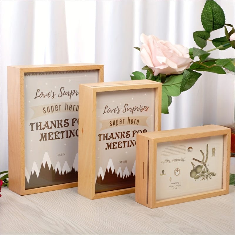 MemorySave™ - Tirelire Cadre Photo en Bois | Souvenirs et Économies 15.24 cm can save money single-sided