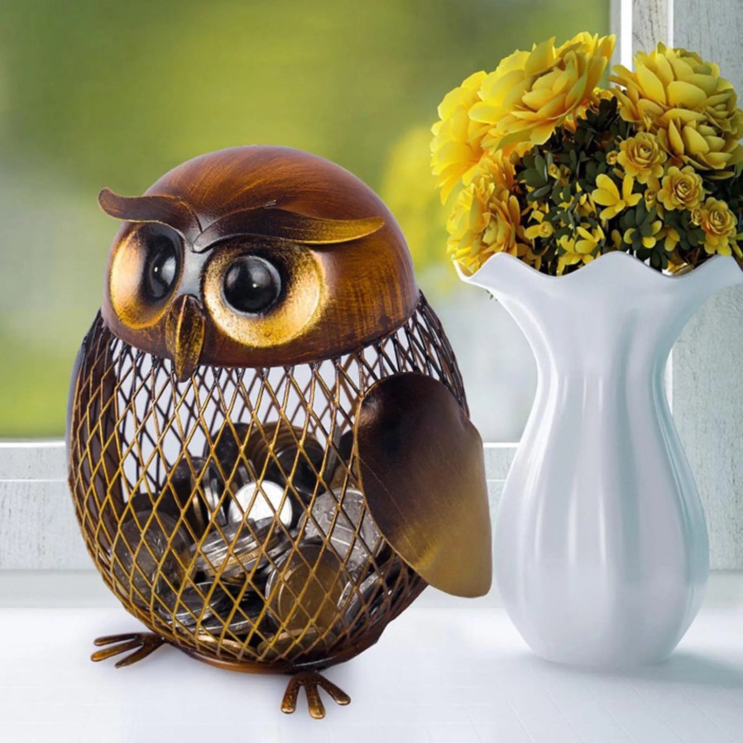 OwlVision™ - Tirelire Hibou en Métal Cuivré | Design Élégant & Transparent Brown