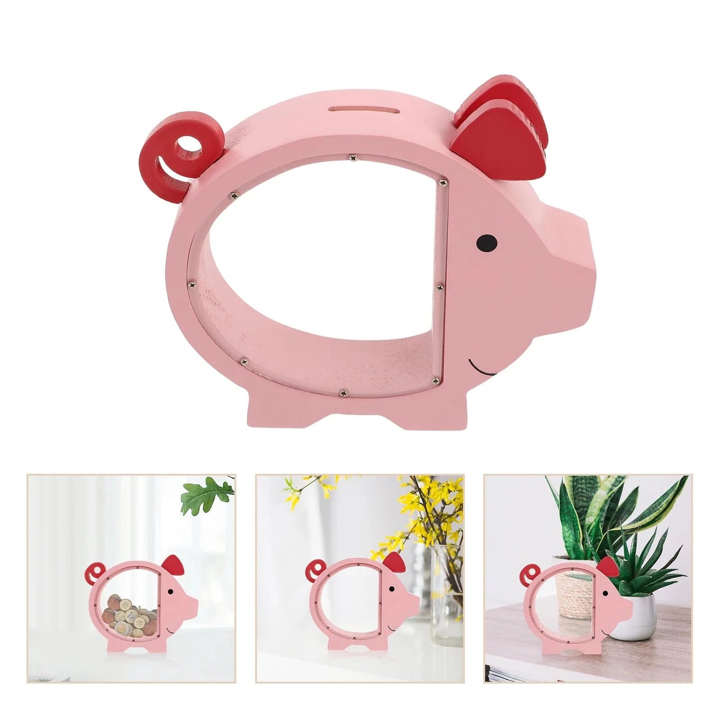 Tirelire Cochon Rose en Bois – Éducative & Transparente | PiggyVision™ Pink