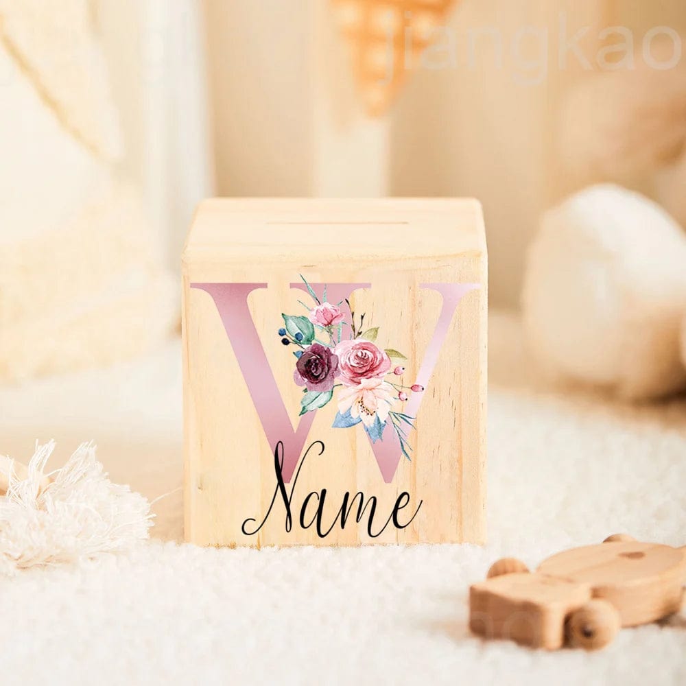 Tirelire personnalisée en bois pour enfants - Cadeau unique et écologique letter W with name